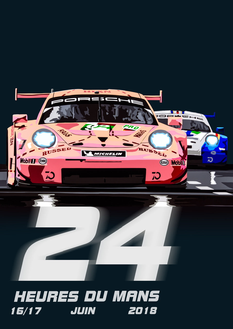 Pink Pig Porsche at Le Mans 2018 Race poster (portrait). Fine art Giclee print.