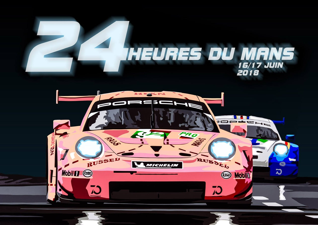 Pink Pig Porsche at 2018 Le Mans Race poster (landscape). Fine art Giclee print.