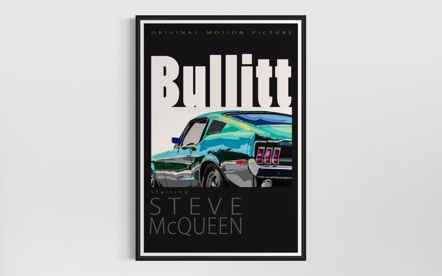 Steve McQueen Bullitt Ford Mustang retro movie poster-style fine art print.