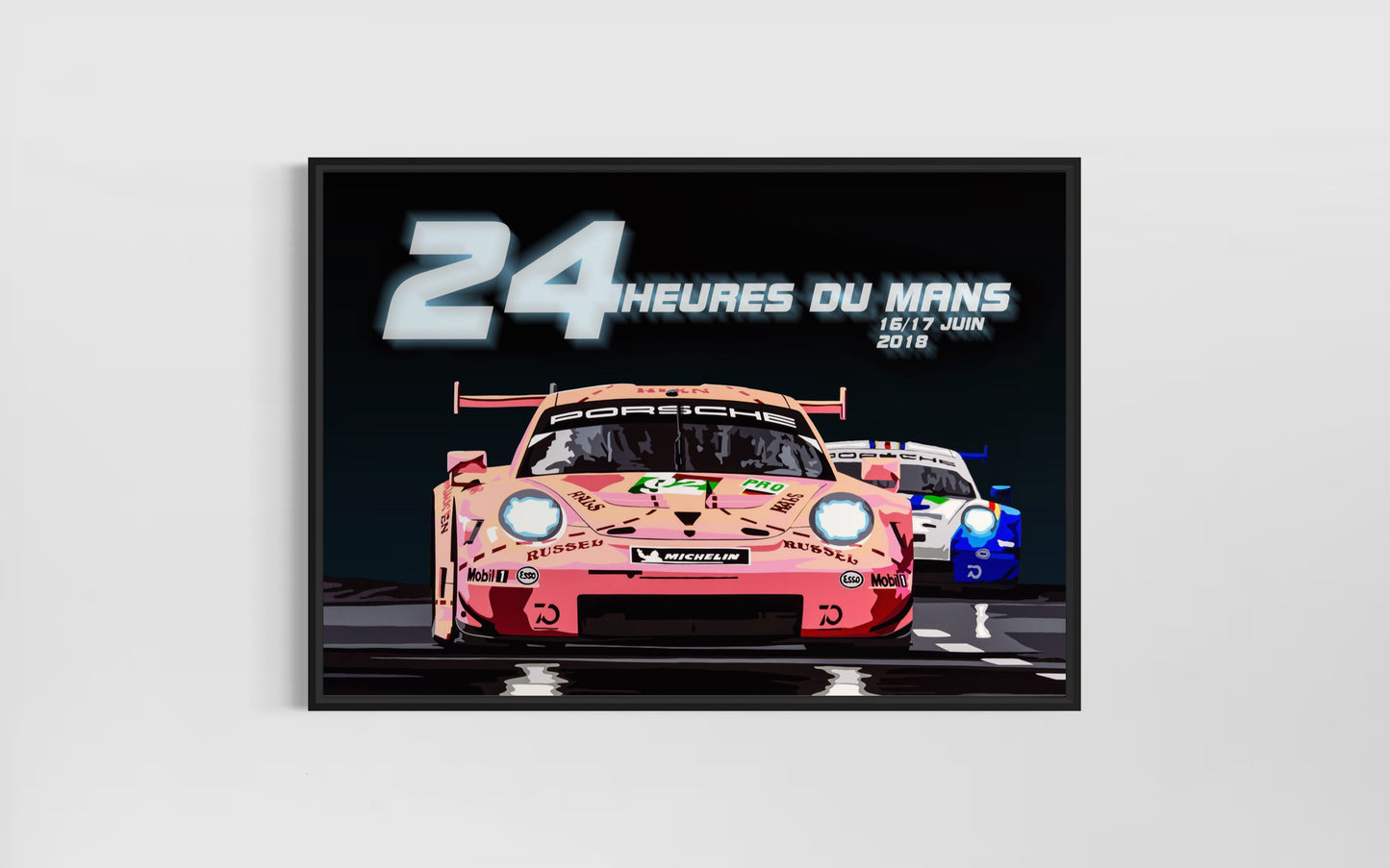 Pink Pig Porsche at 2018 Le Mans Race poster (landscape). Fine art Giclee print.