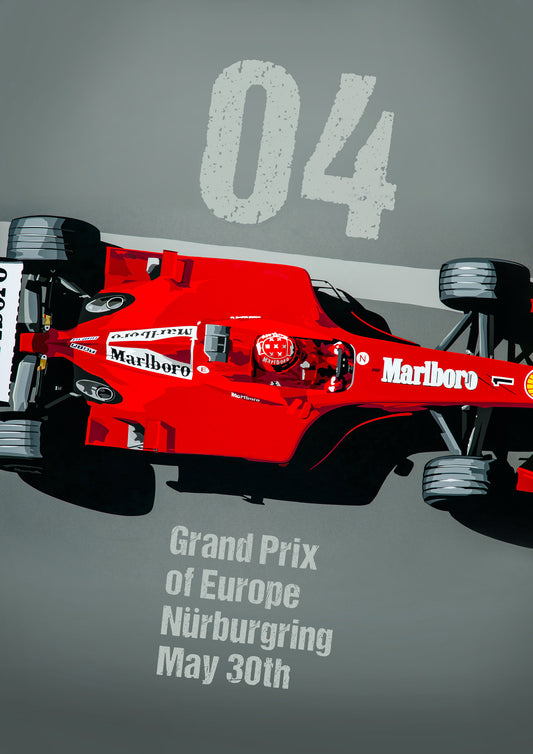 Ferrari F1 2004 Grand Prix poster-style print. Retro Motorsport Art