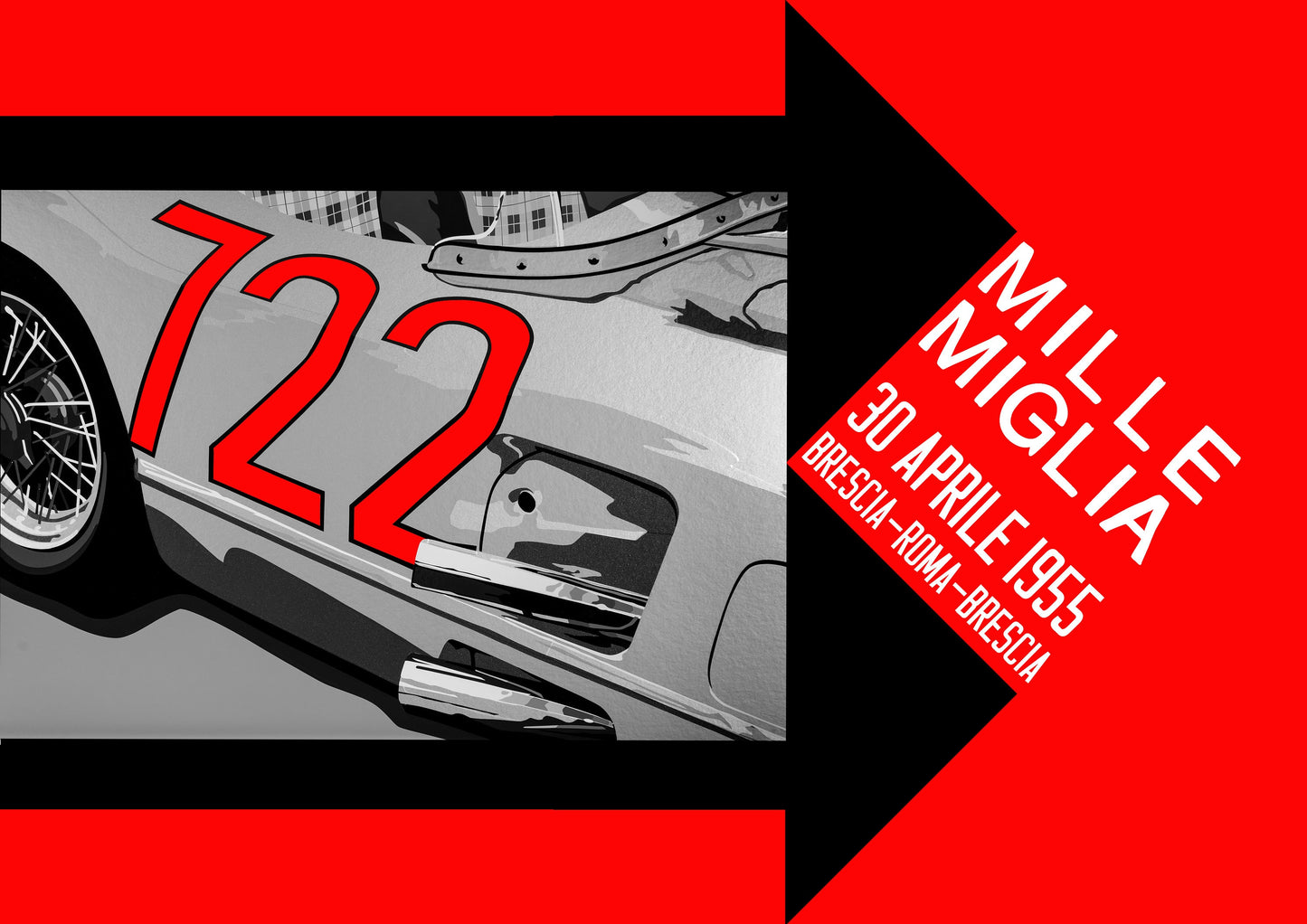 Stirling Moss 1955 Mercedes 722 Mille Miglia retro poster-style fine art print. Motorsport Art