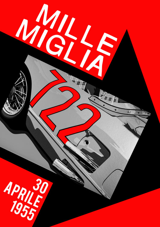 Stirling Moss 1955 Mercedes 722 Mille Miglia retro poster-style fine art print. Motorsport Art. Portrait.