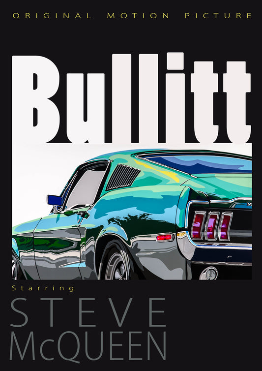 Steve McQueen Bullitt Ford Mustang retro movie poster-style fine art print.