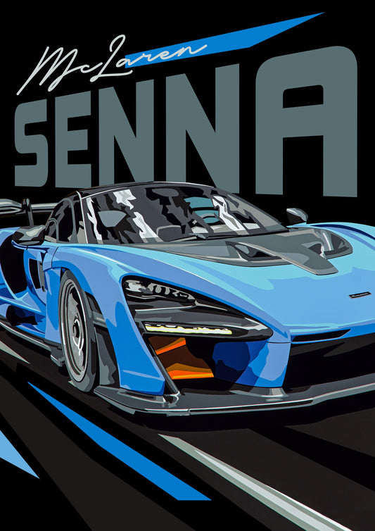 McLaren Senna poster-style fine art print. Super Car Motorsport Art. Black edition